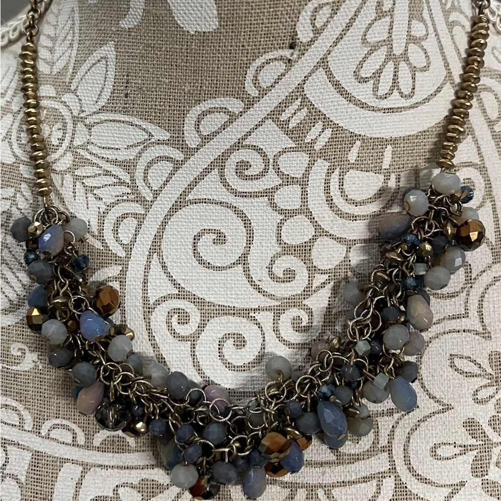 Ann Taylor Clustered Bead Necklace in Blue-Gray and Gold